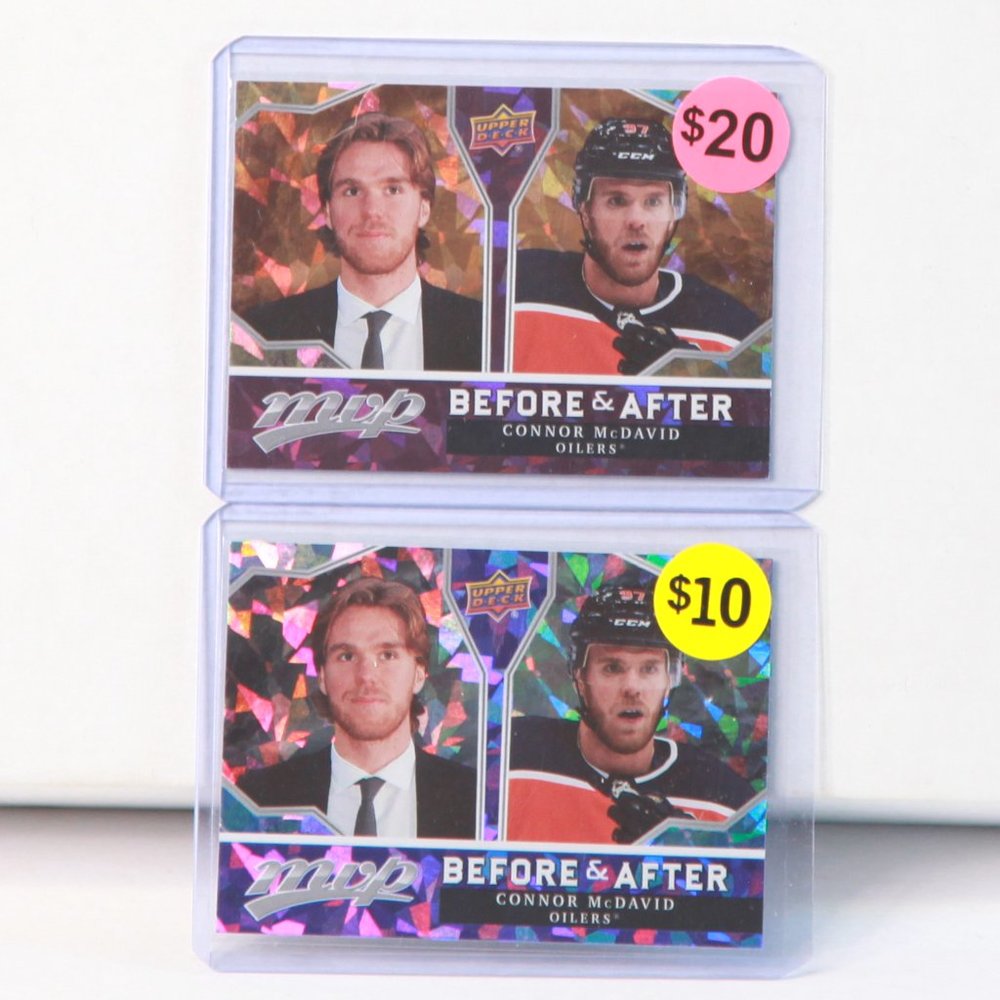 Two Connor McDavid 2021-22 Before & After MVP Upper Deck Hockey Cards #BA-2